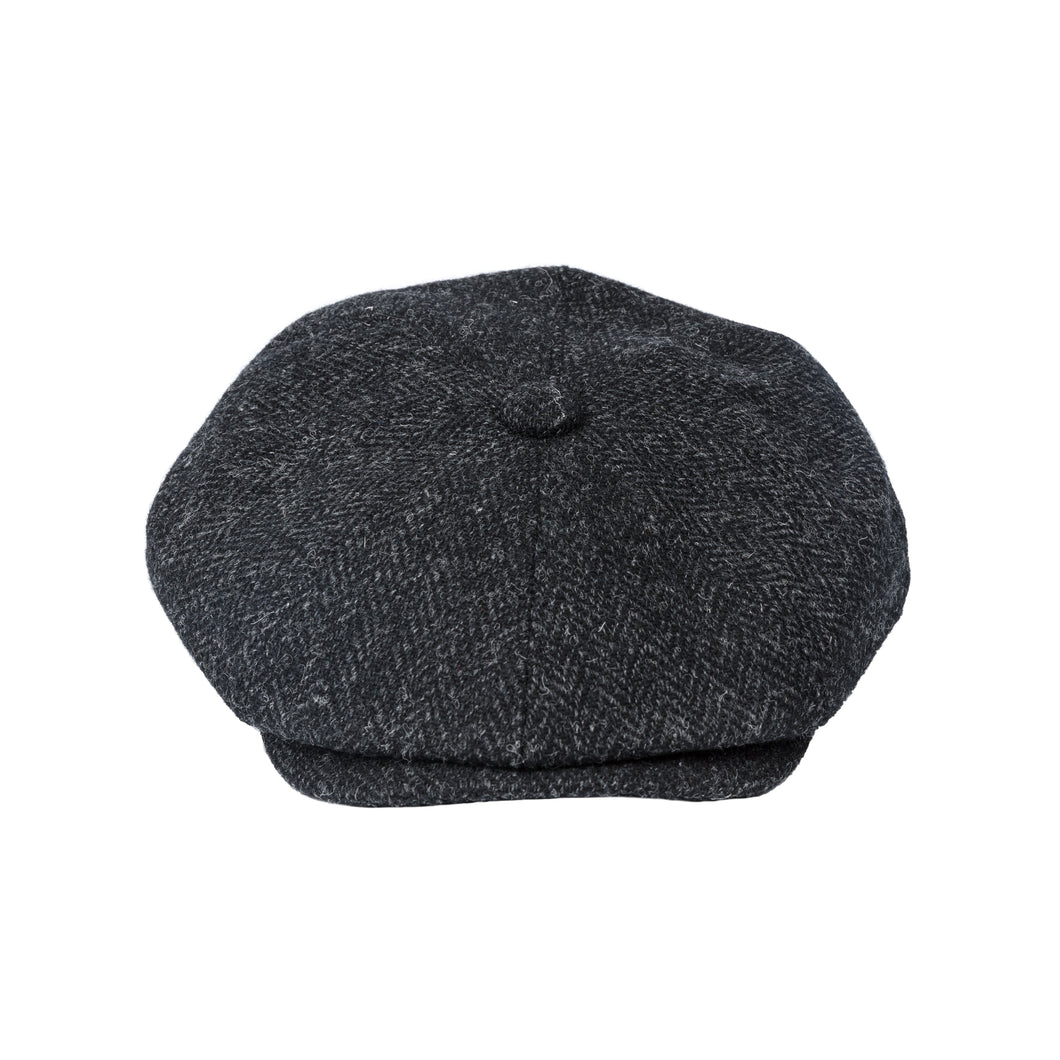 Harris Tweed Wool Herringbone Newsboy Cap - Black & Charcoal