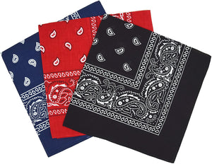 3 Pack Bandana - Black, Red & Navy Paisley Bandanas 100% Cotton
