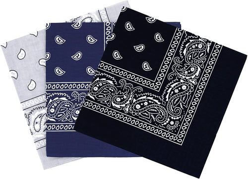 3 Pack Bandana - Black, Grey & Navy Paisley Bandanas 100% Cotton