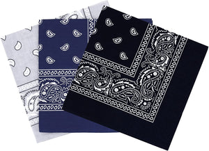 3 Pack Bandana - Black, Grey & Navy Paisley Bandanas 100% Cotton
