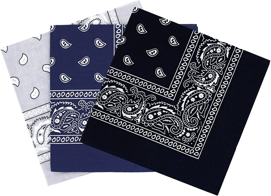 3 Pack Bandana - Black, Grey & Navy Paisley Bandanas 100% Cotton