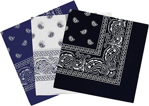 3 Pack Bandana - Black, White & Navy Paisley Bandanas 100% Cotton